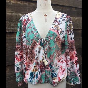NWT Floral Wrap Front Boho Blouse Long Sleeve